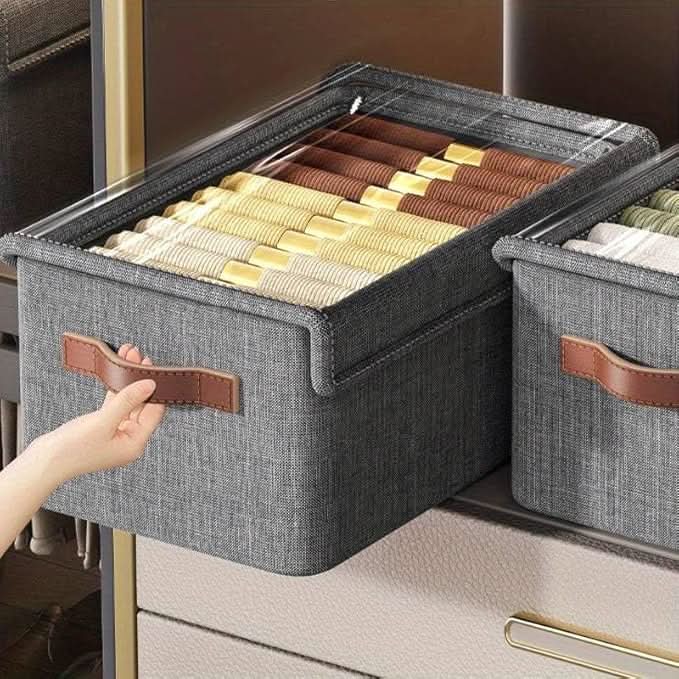 FoldStack Pro – Large Clear Collapsible Stackable Storage Boxes with Lid | Foldable Fabric Linen Closet Organizer Cubes for Home & Office.