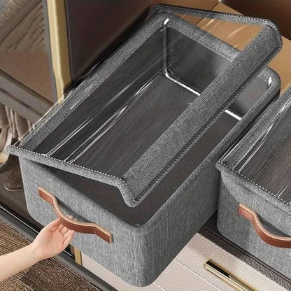 FoldStack Pro – Large Clear Collapsible Stackable Storage Boxes with Lid | Foldable Fabric Linen Closet Organizer Cubes for Home & Office.