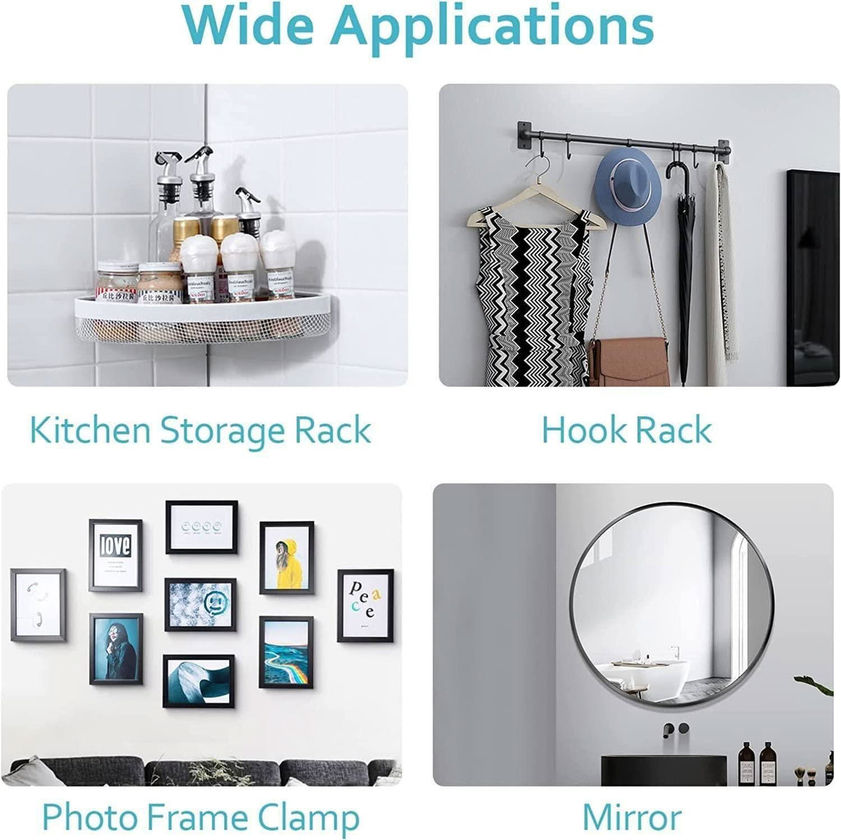 Heavy duty self-adhesive hooks for secure and durable hanging solutions in home and office settings.