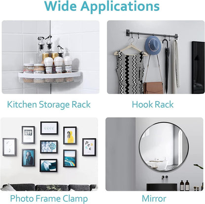 Heavy duty self-adhesive hooks for secure and durable hanging solutions in home and office settings.