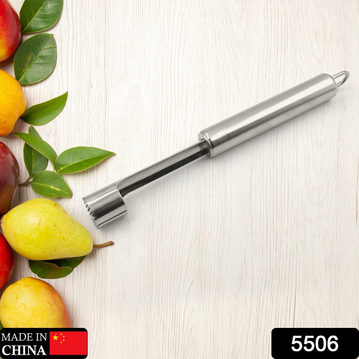 Stainless steel apple and pear corer with soft-grip handle for removing fruit cores