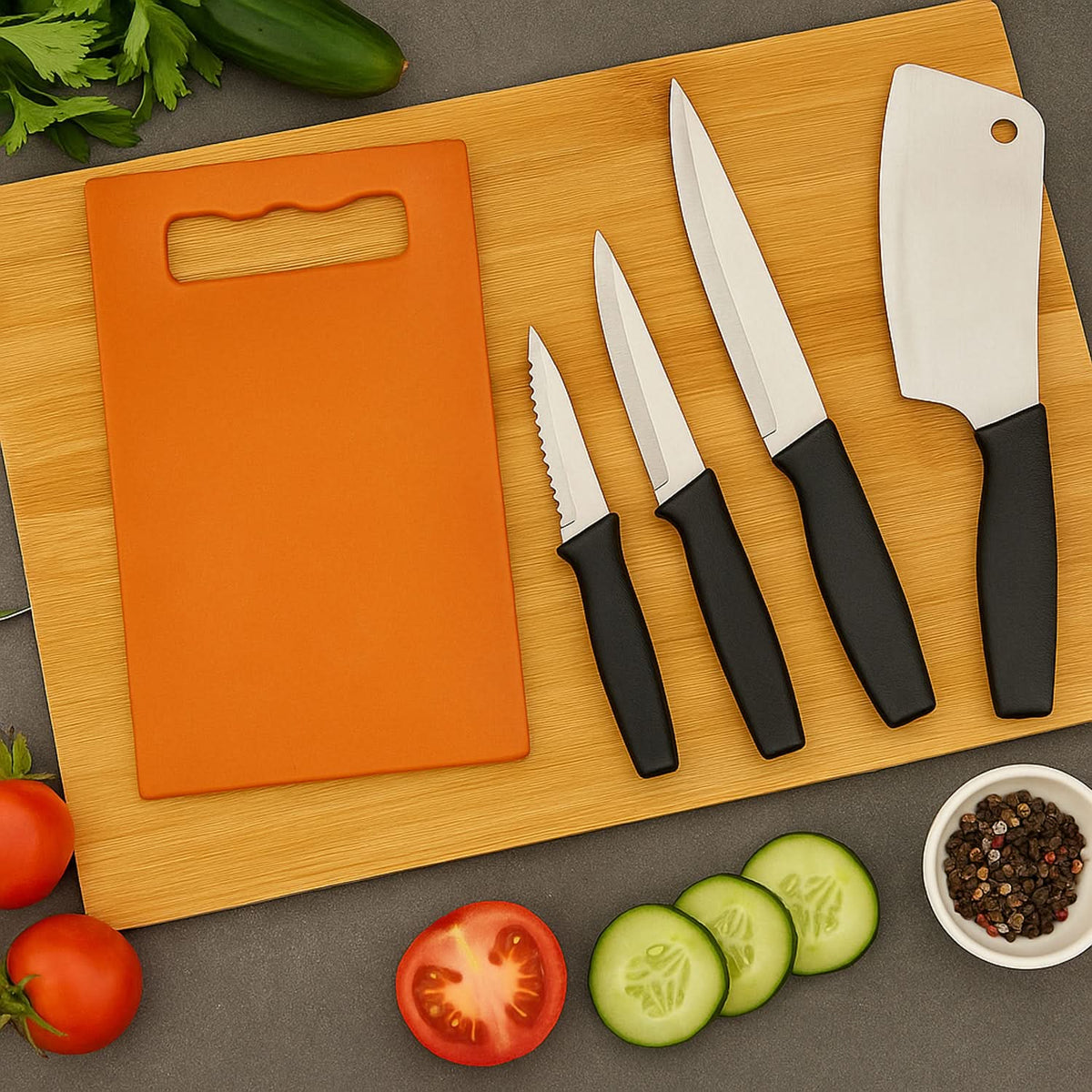 Stainless steel kitchen knives laid out, 5-piece set