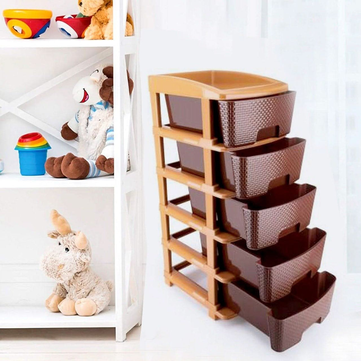 5-tier brown plastic drawer storage unit