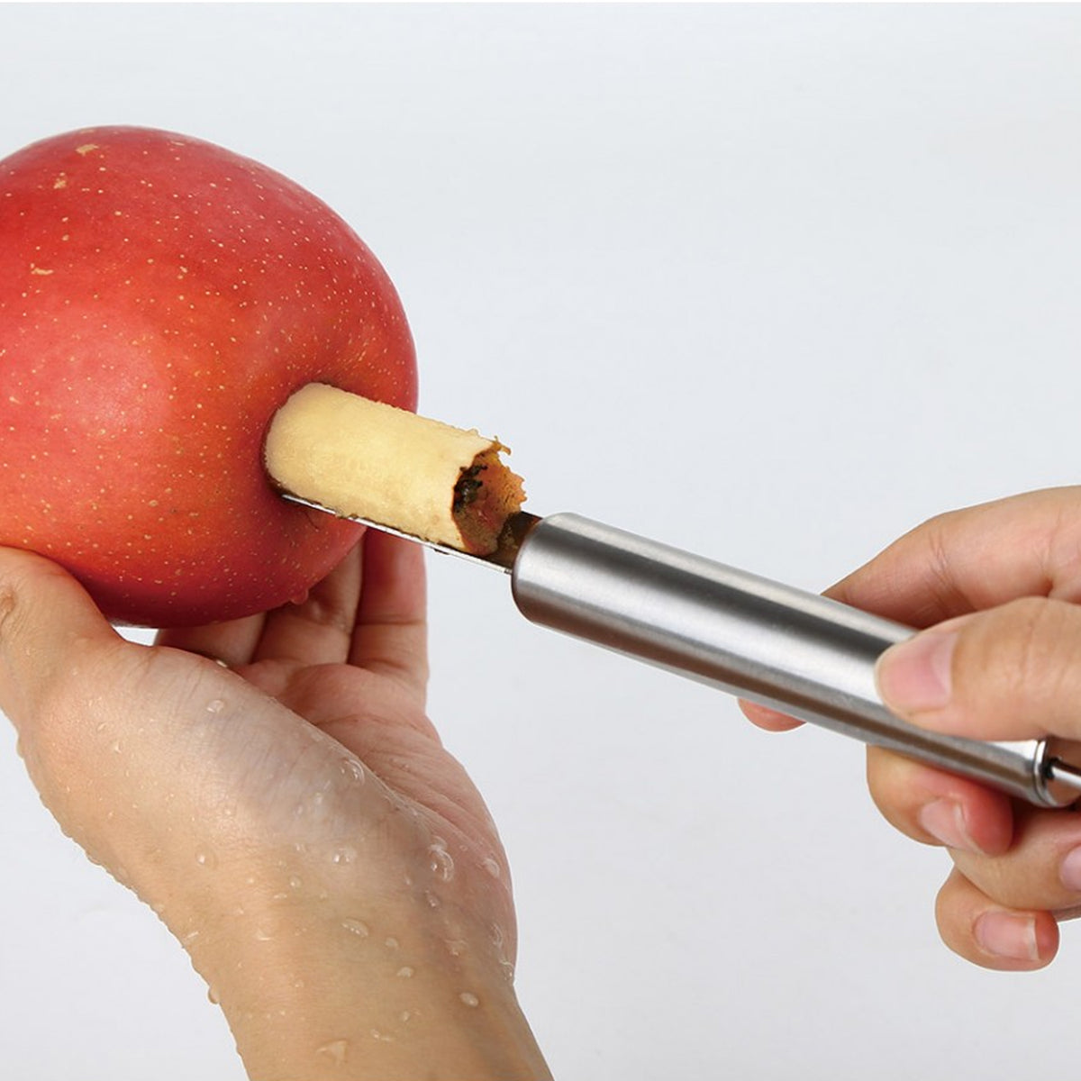 Stainless steel apple and pear corer with soft-grip handle for removing fruit cores