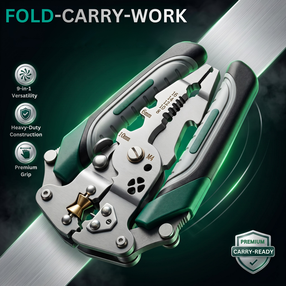 Multi-tool pliers folded for compact storage