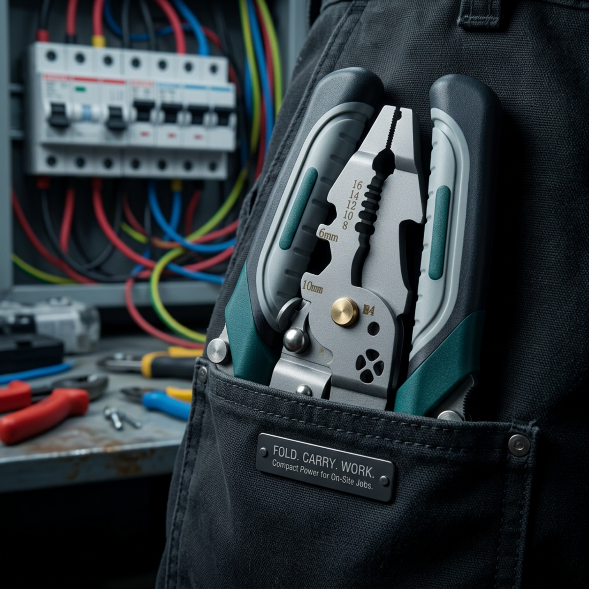 Folded multi-tool pliers shown in a workwear pocket; clothing not included