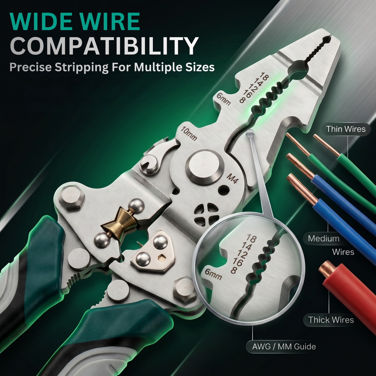 Wire stripping notches and marked openings on the multi-tool pliers
