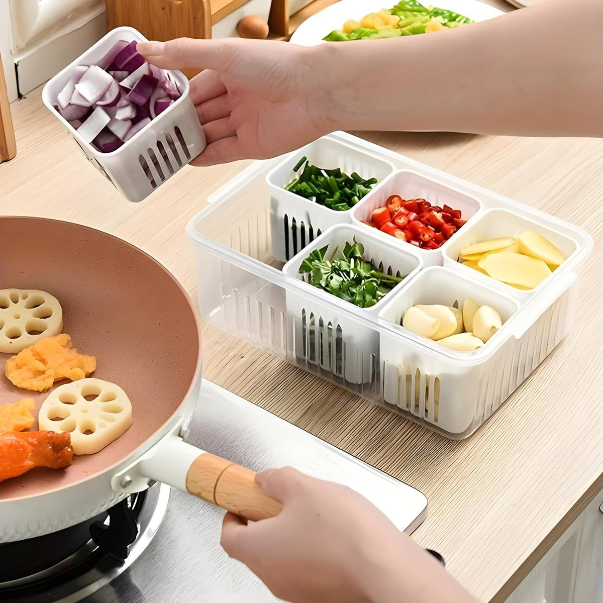 6-grid plastic fridge storage box with removable drain tray for organising food in the refrigerator