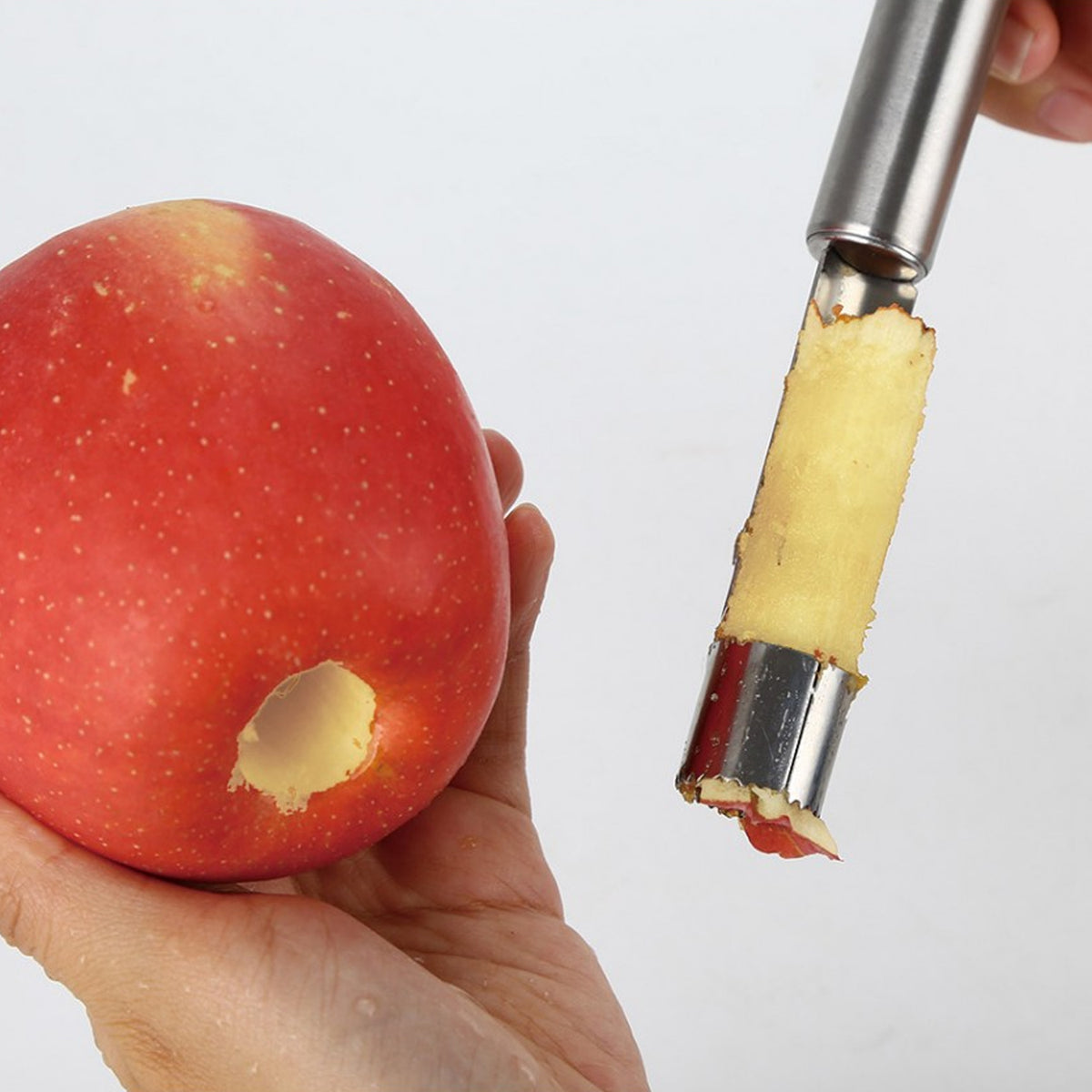 Stainless steel apple and pear corer with soft-grip handle for removing fruit cores