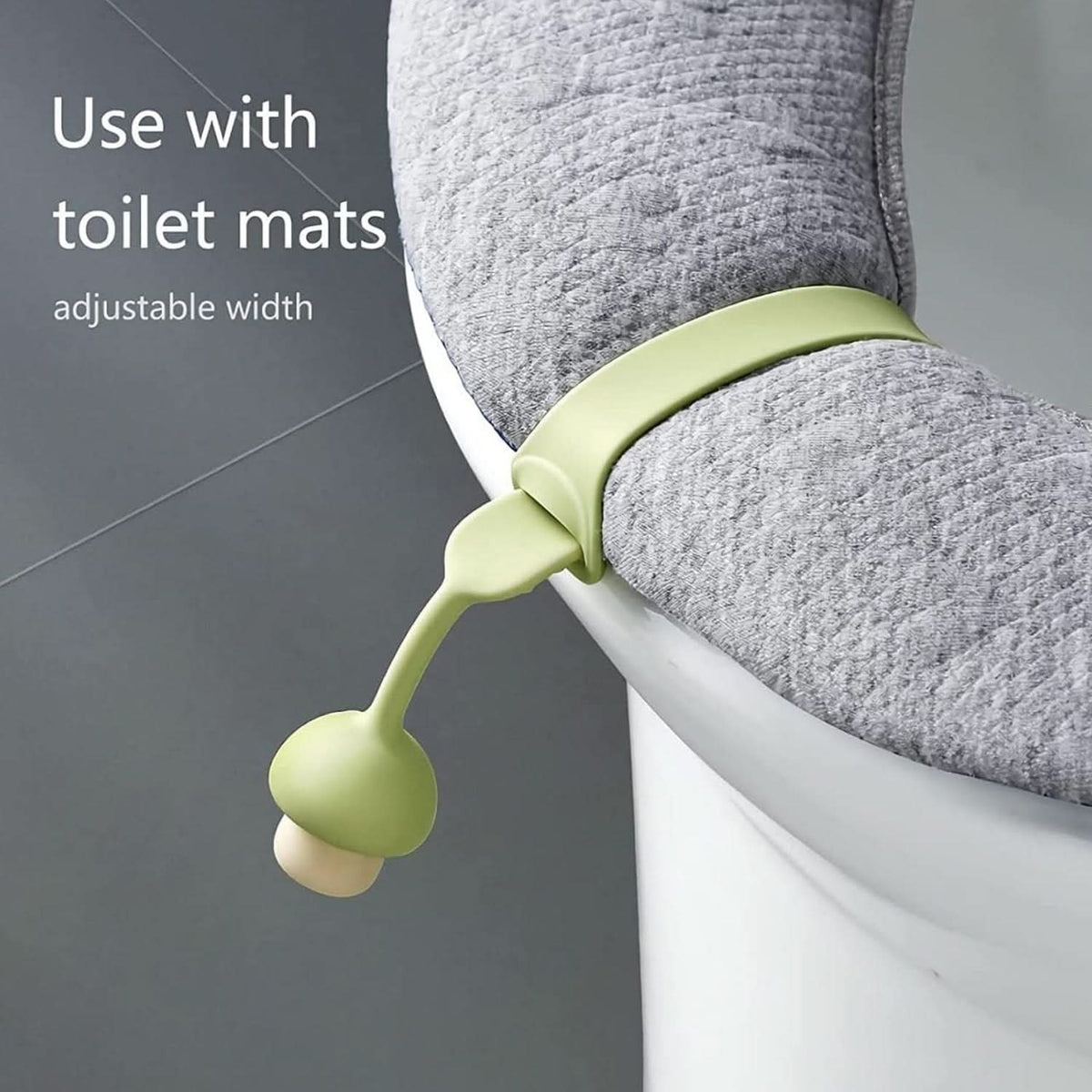 Silicone toilet seat lifter band handle attached to a toilet lid