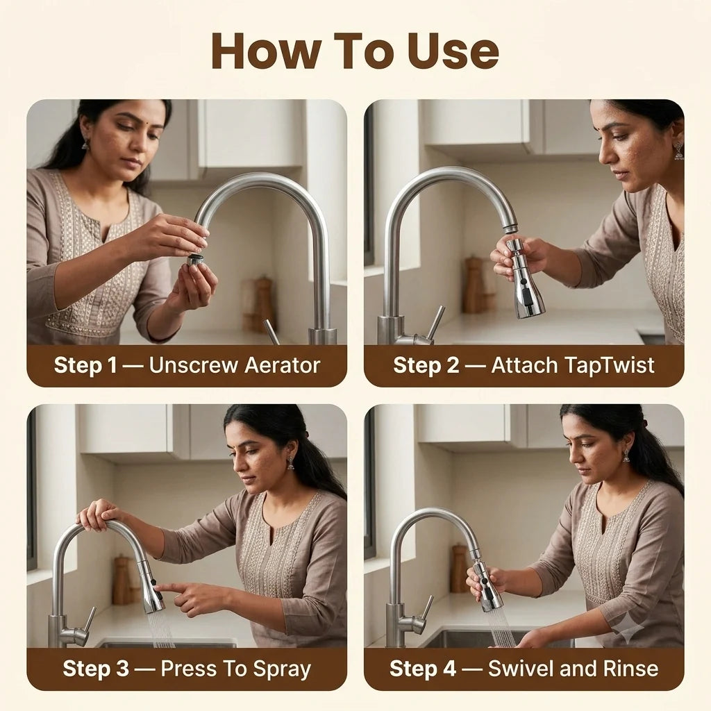 TapTwistJet faucet extender for easier rinsing and sink cleaning