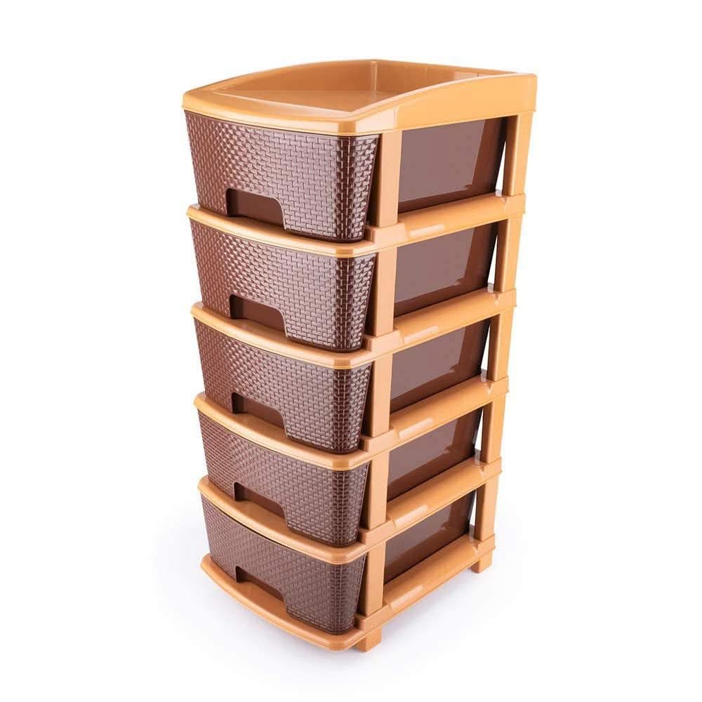 Brown plastic drawer storage unit in a room