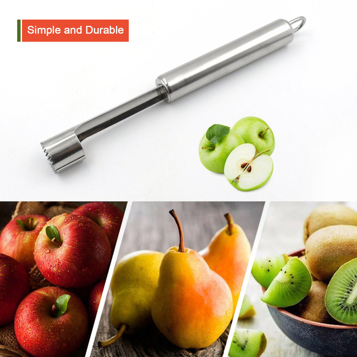 Stainless steel apple and pear corer with soft-grip handle for removing fruit cores